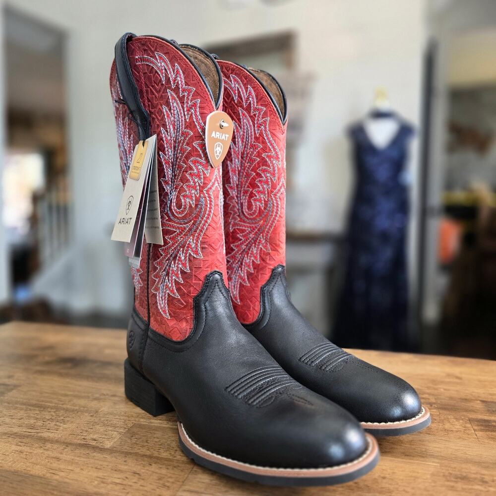 Ariat Round Up Western Boots‎ Women 8.5B Red Black Leather StretchFit ATS